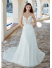 Ivory Floral Lace Chiffon Wedding Dress With Scalloped Train